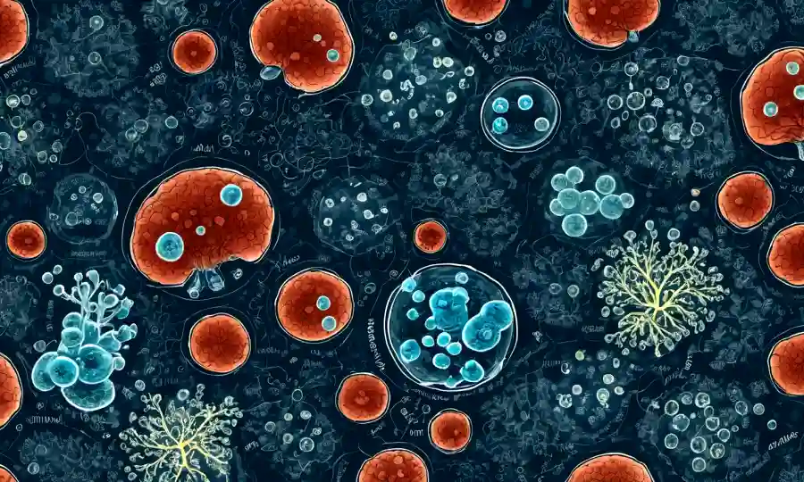 Una imagen de microscopio de células fúngicas rodeada de fórmulas y diagramas químicos destacando su importancia bioquímica.