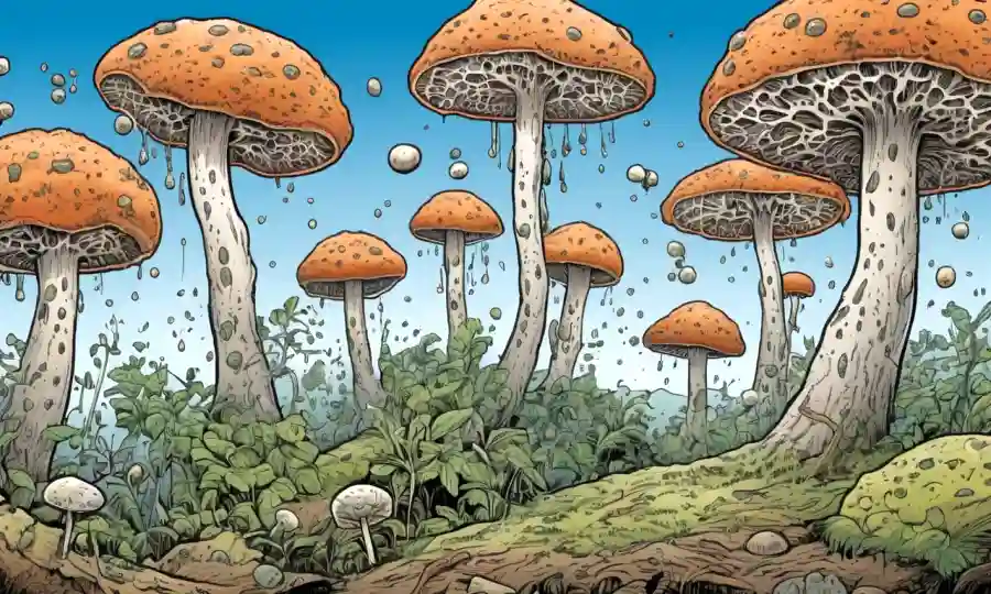Imagen que ilustra el impacto de la humedad en patógenos hongos, con varias esporas y micelio afectados por diferentes condiciones climáticas.