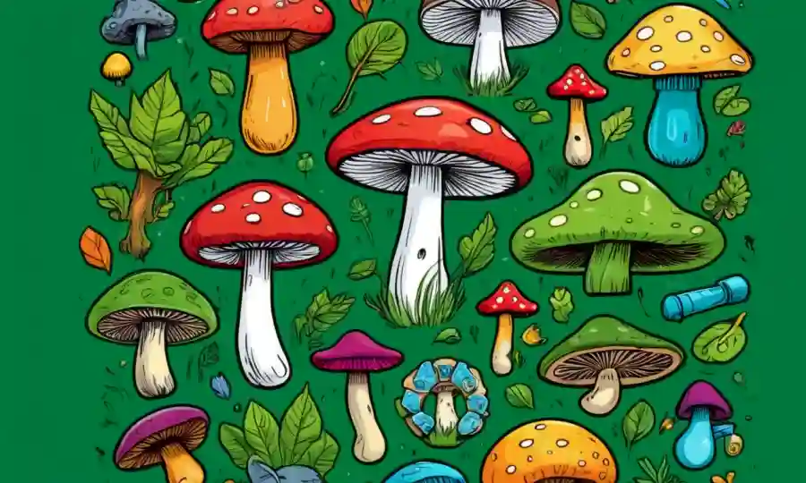 Un colorido conjunto de hongos en un fondo verde, rodeado de iconos de salud y logotipos ecológicos.