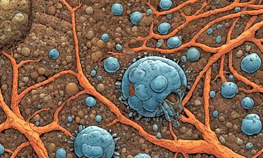 Micrografía del suelo mostrando interacción entre microorganismos simbióticos.