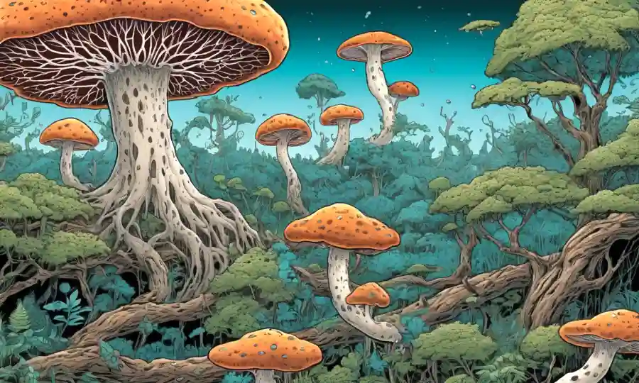 La ilustración de la red de hongos con hifae fúngica que conecta árboles y otros organismos.