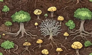 Redes fúngicas que se extienden a través de raíces de suelo y plantas