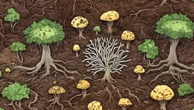 Redes fúngicas que se extienden a través de raíces de suelo y plantas