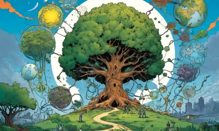 Ilustración conceptual que muestra elementos interconectados, representando la simbiosis entre conciencia, conciencia pública y sostenibilidad ambiental.