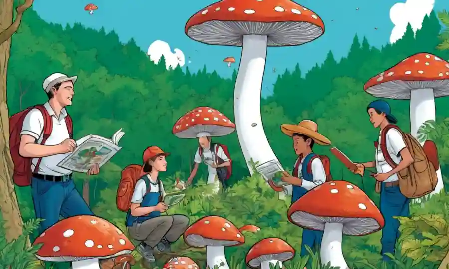 Un grupo de personas coleccionando hongos en la naturaleza, rodeado de exuberante vegetación y materiales educativos.