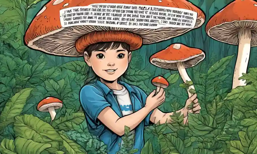 Una persona que sostiene un hongo rodeado de follaje y citas inspiradoras, promoviendo la conciencia ambiental.