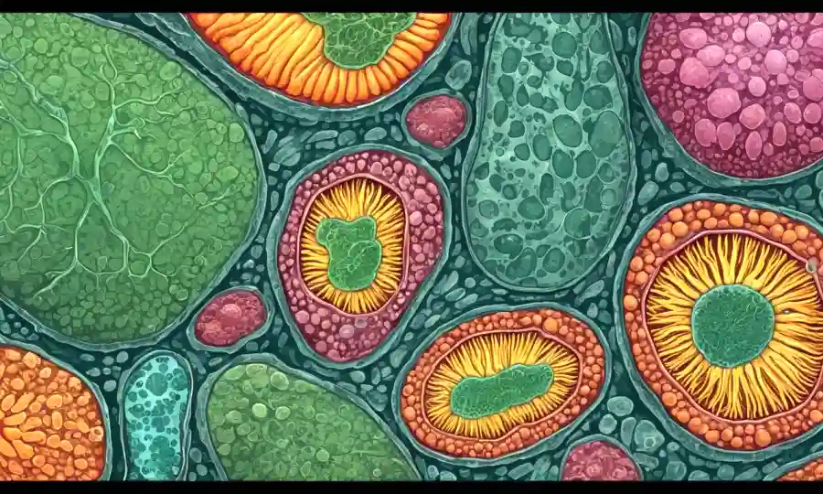 Celdas vegetales o vistas microscópicas de endofitas en tejidos vegetales.
