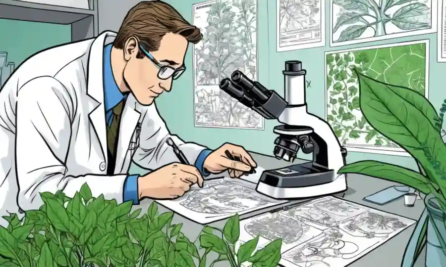 Muestras de plantas de análisis científicas bajo microscopio, rodeadas de diagramas y gráficos.