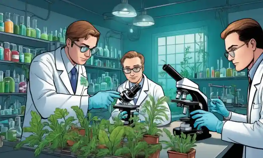 Grupo de científicos analizando plantas en un laboratorio entre varias muestras de microscopio.