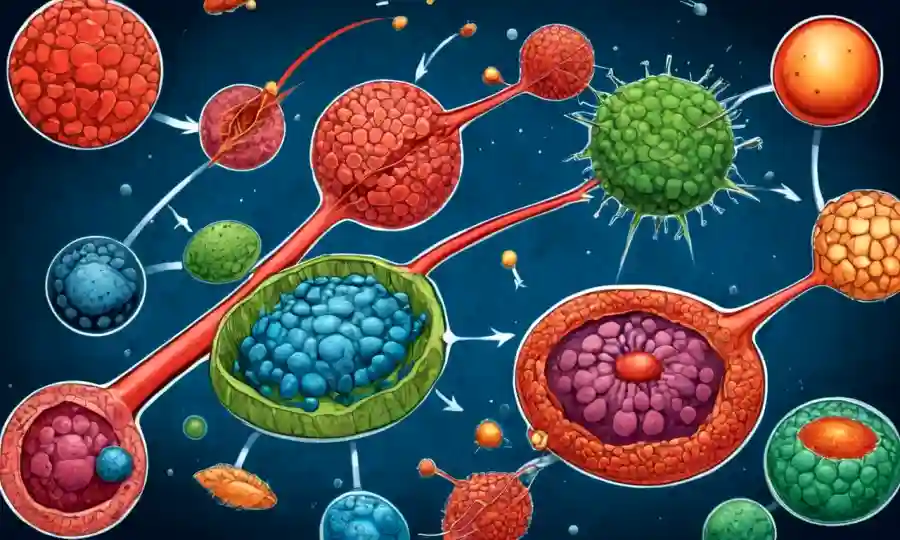 Ilustración de células que se dividen, con diagramas biológicos y flechas que muestran diferentes tipos de reproducción.
