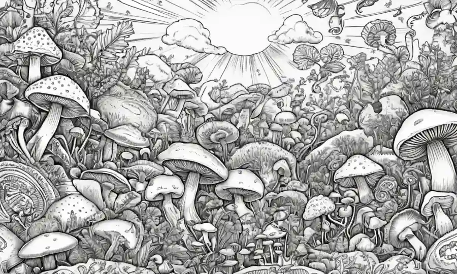Ilustración cuidadosa de hongos rodeados de símbolos creativos e ideas.