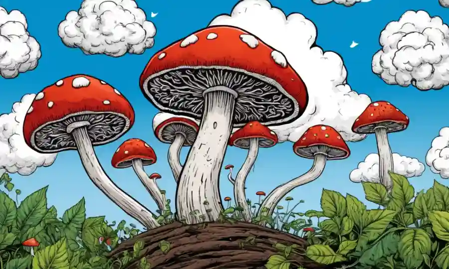 Los hongos brotan de una nube en forma de cerebro, simbolizando la conexión entre creatividad e innovación.