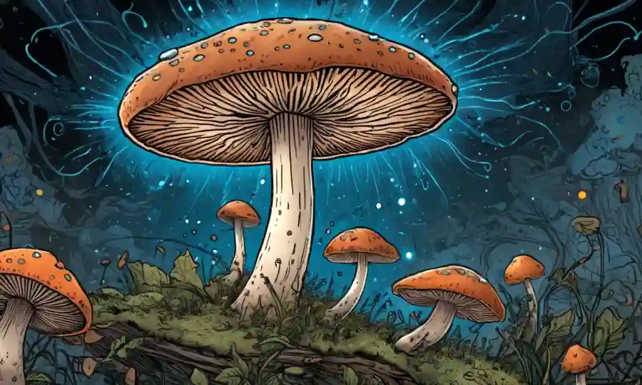 Una imagen de cerca de un hongo o hongos, con chispas y circuitos creativos que la rodean.