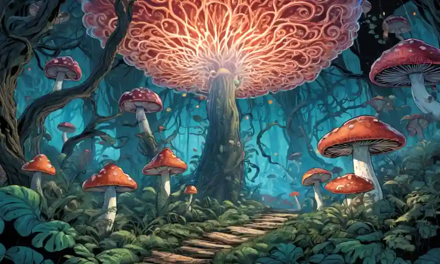 Una escena de bosque místico con hongos entre patrones de cerebro giratorios y chispas creativas.