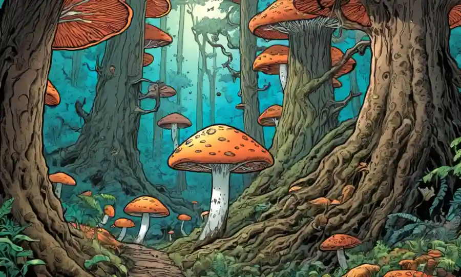 Una escena forestal destacando las relaciones entre árboles y hongos.