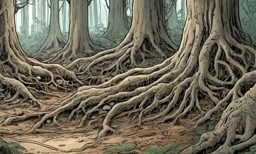 Una imagen de cerca de las raíces de árboles interconectadas e hifas fúngicas en un ecosistema forestal.