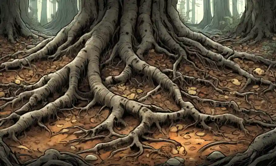 Un impresionante macro de raíces de árboles entrelazadas con hongos en el suelo forestal.