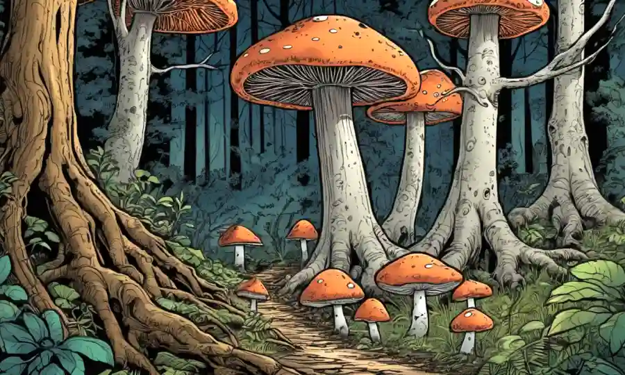 Botas de árboles y champiñones interconectados en un bosque.