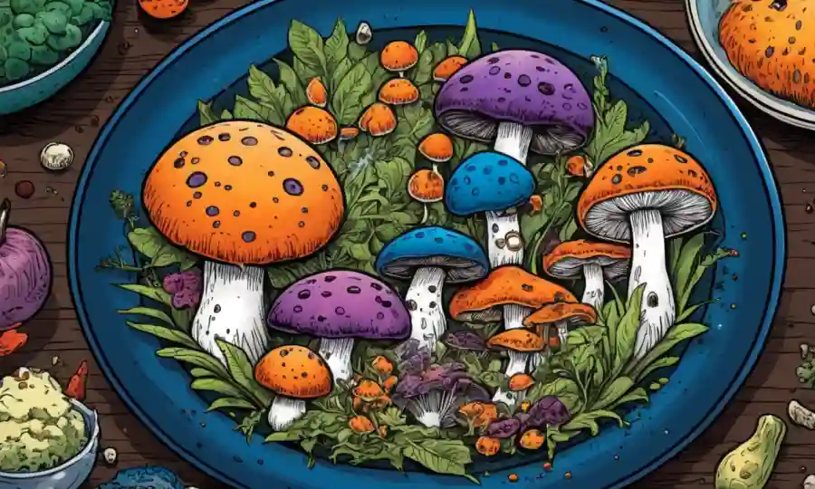 Esporas de hongos creciendo cerca de ingredientes culinarios vibrantes en un plato.