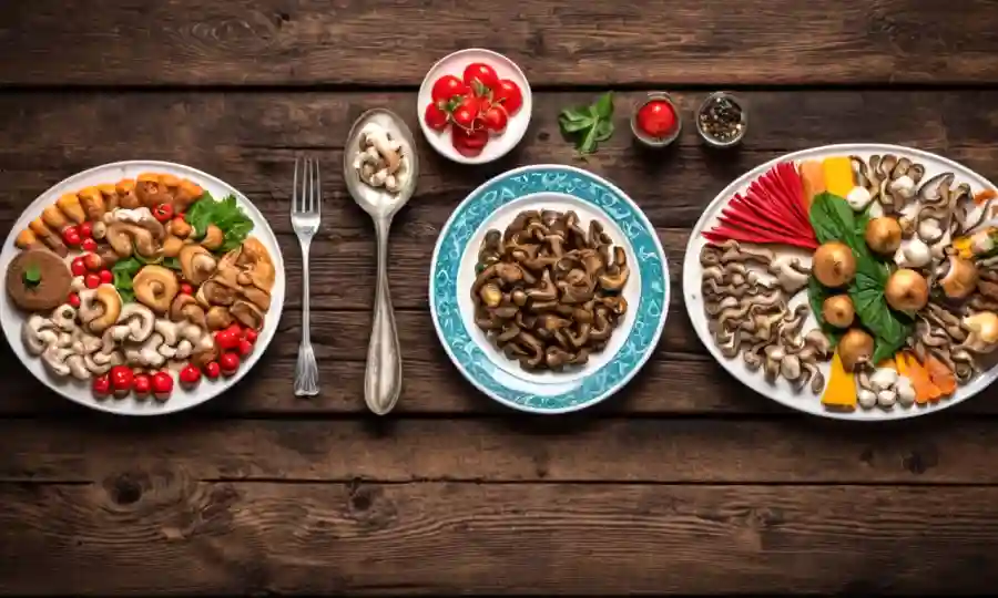 Setas visbrant dispuestas con platos de comida y utensilios de chefs en tablero de madera rústica.