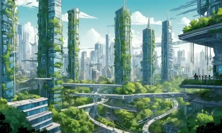 Edificios urbanos conectados por vegetación con futurista paisaje urbano en el fondo.