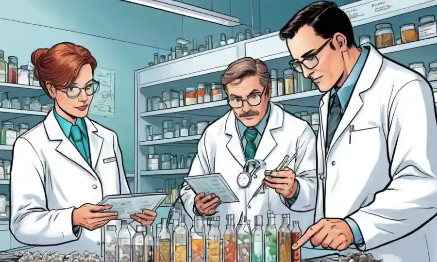 Investigadores científicos en capas de laboratorio que estudian muestras de hongos y mapas de datos.