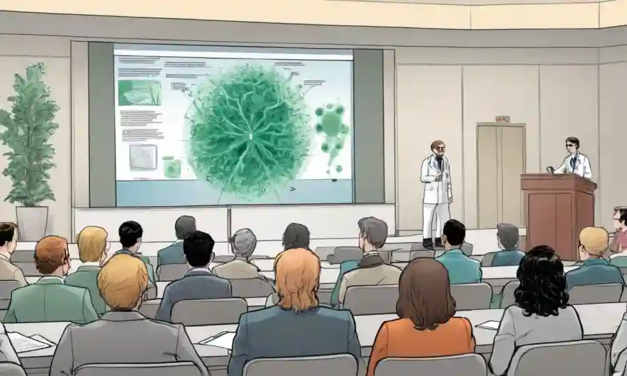 Científicos discuten investigación de moho en un podio en una sala de conferencias.