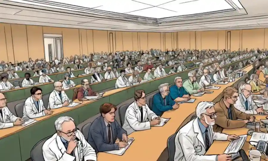 Una sala de conferencias llena de científicos discutiendo temas destacados sobre diapositivas y notas relacionadas con el endofito.