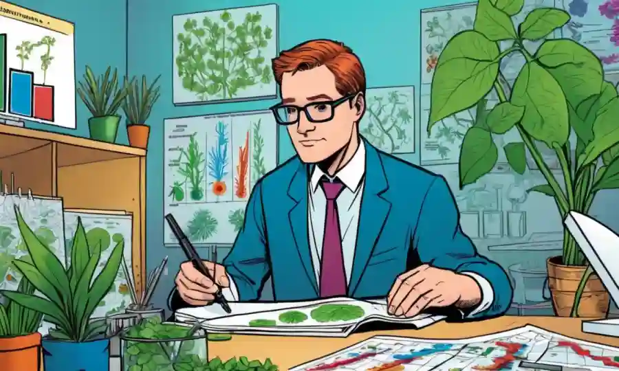 Investigadora examinando muestras de plantas bajo microscopio con gráficos y gráficos coloridos en el fondo.