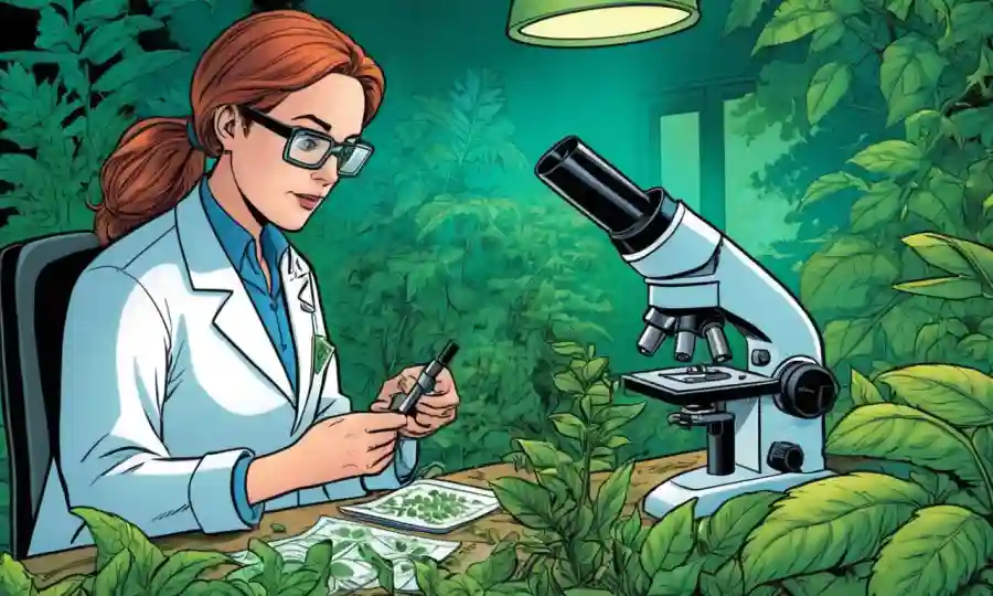 Análisis de muestras de plantas bajo microscopio en entornos forestales o de laboratorio.