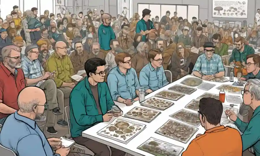 Aficionados a la sala asisten a una conferencia o taller sobre micología, rodeados de ilustraciones de hongos y diagramas científicos.