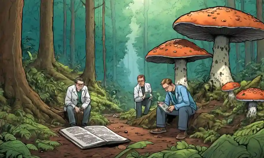 Mis disculpas por la barrera del lenguaje! He aquí mi intento de proporcionar una breve descripción: Científicos que estudian hongos y decaimiento en un entorno forestal.