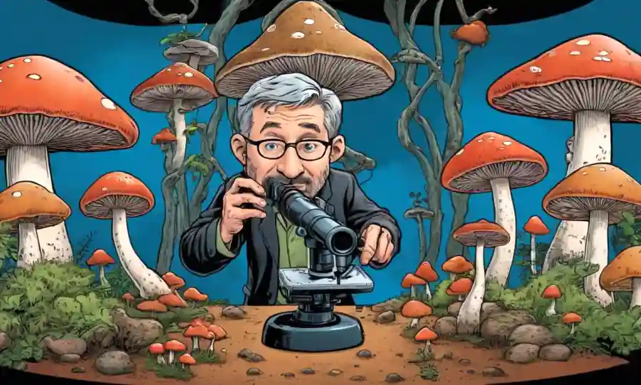 Un experto en hongos que sostiene un microscopio cerca de una exhibición de hongos en una conferencia o evento.