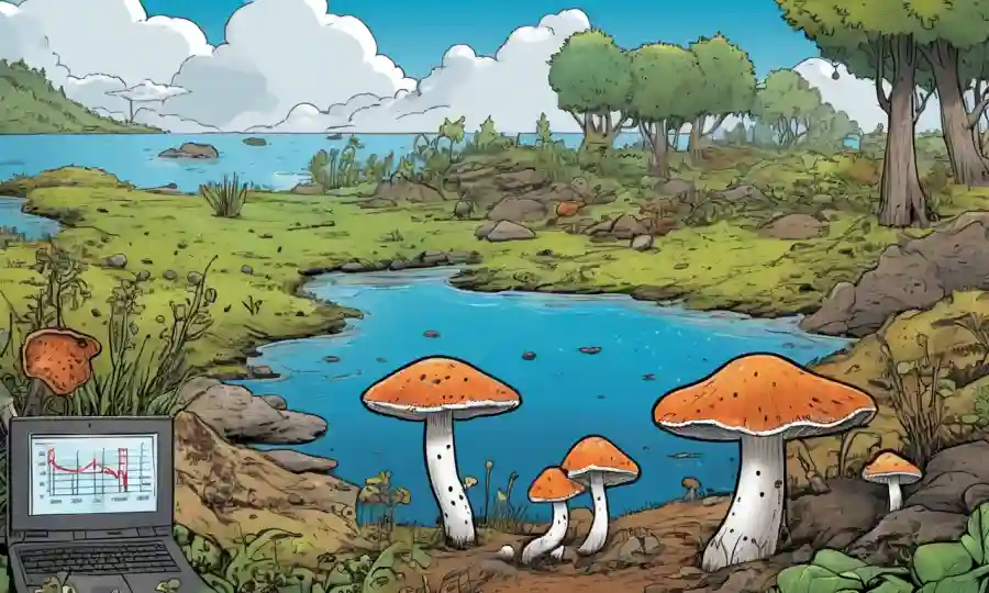 Una mezcla de especies de hongos en un entorno natural con gráficos de datos en el fondo.