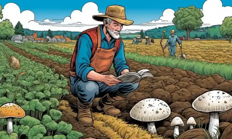 Un agricultor que estudia métodos agrícolas tradicionales en un campo con hongos y plantas.