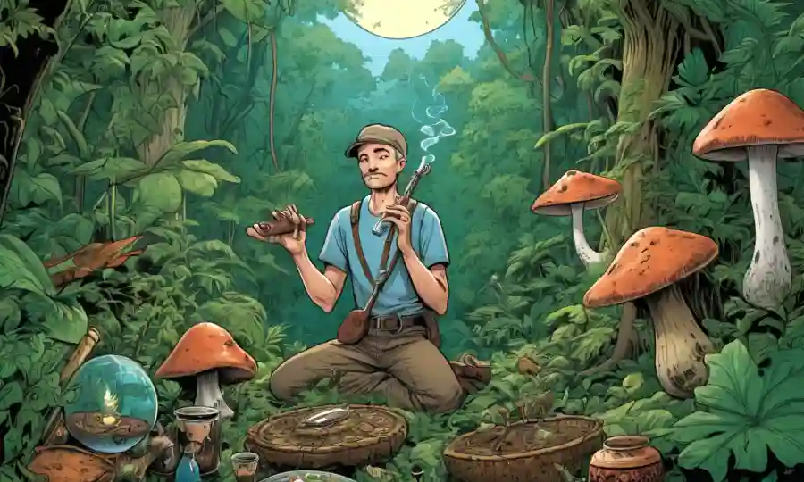 Una persona con un frasco de hongos rodeado de exuberante vegetación e instrumentos tradicionales.
