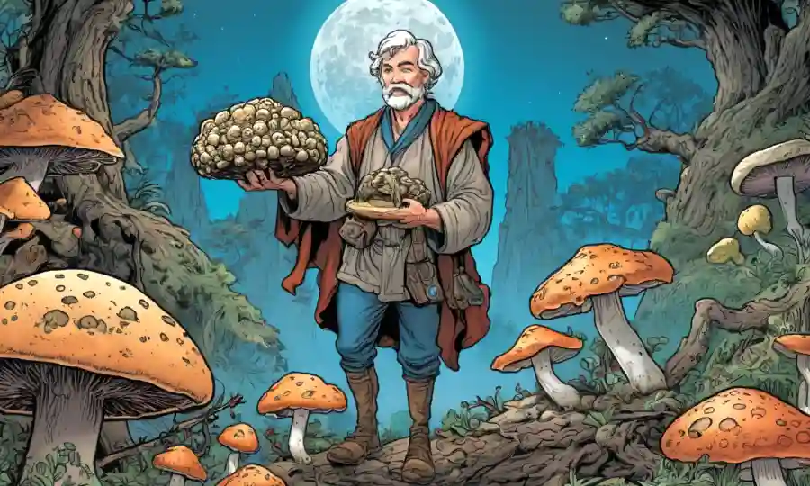 Hombre sosteniendo especies de hongos con un antiguo entorno de sabiduría.
