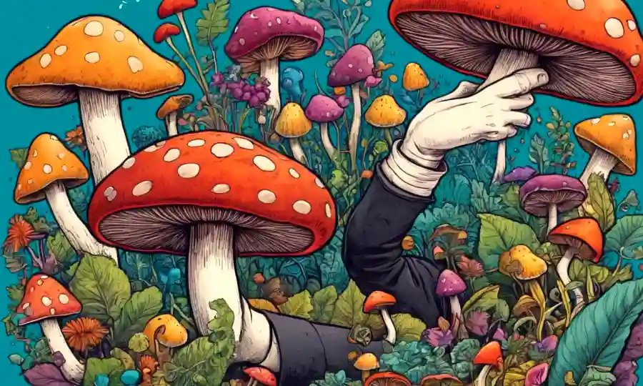 Una persona que sostiene varios hongos coloridos bajo una marca de preguntas, rodeado de elementos médicos y naturales sutiles.