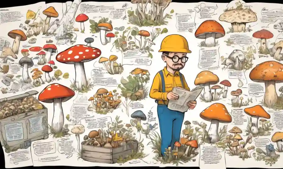Expertos que sostienen diversos hongos, rodeados de notas y diagramas sobre cuidado y almacenamiento.