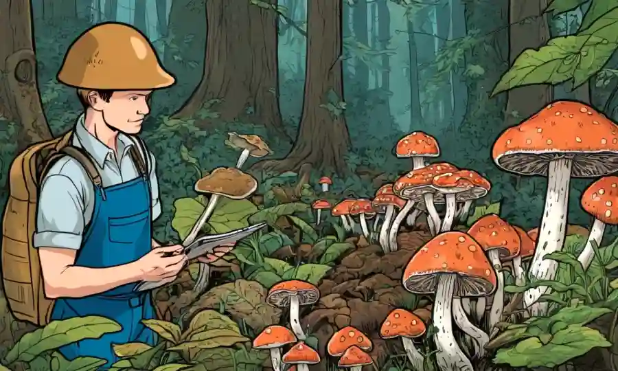Micólogos expertos que examinan e identifican diversos hongos en un entorno de recolección de hongos.