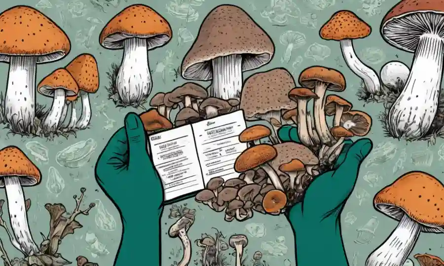 Una persona que lleva guantes tiene múltiples tipos de hongos con etiquetas y notas identificativas.