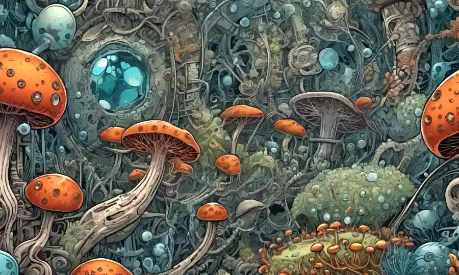 Una vista de microscopios de hongos intrincados estructuras con científicos reunidos alrededor de ella.
