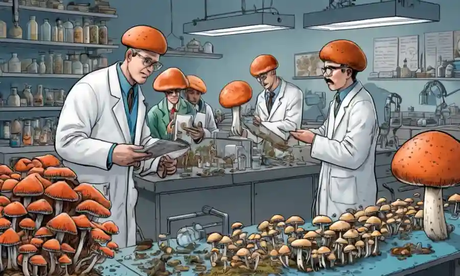 Un grupo de entusiastas de hongos estudiando anatomía de hongos en un entorno de laboratorio.