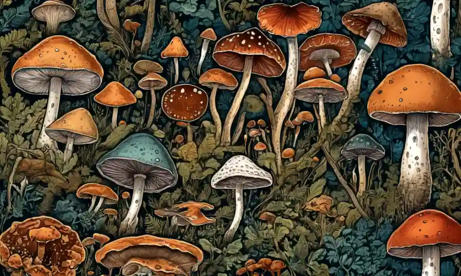 Imágenes de varias especies de hongos magnificadas para observación e identificación.