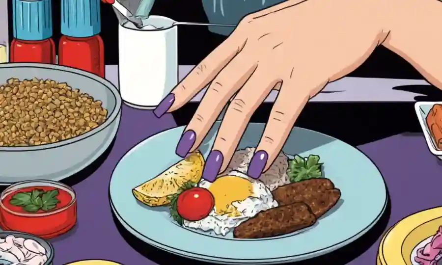 Cierre de las uñas de las personas con una placa de comida equilibrada y consejos de cuidado de uñas en el fondo.