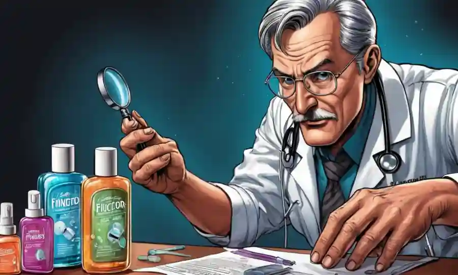 Un médico que examina las uñas con una lupa de vidrio y desinfectante de mano cerca.
