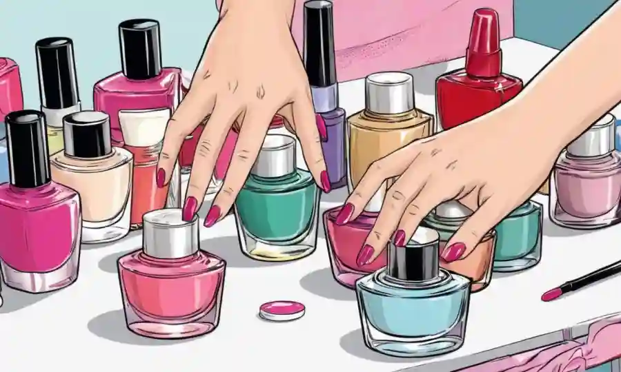 Manos de mujer con pulido de uñas y productos de cuidado de uñas en una mesa o vanidad.