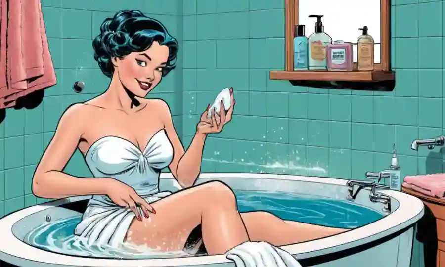 Mujer suavemente manicura sus uñas cerca de una bañera con jabón y toallas.
