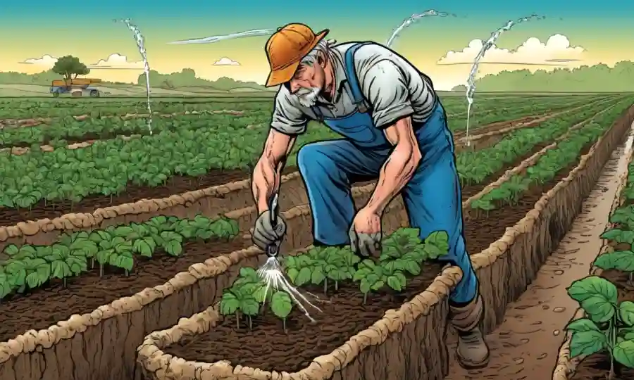 Cultivos irrigantes de agricultores con microbios creciendo entre suelo y raíces.