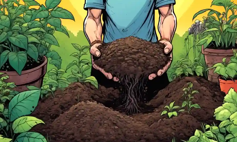Una persona que sostiene suelo y nutrientes, rodeada de plantas sanas, con gráficos conceptuales alrededor.
